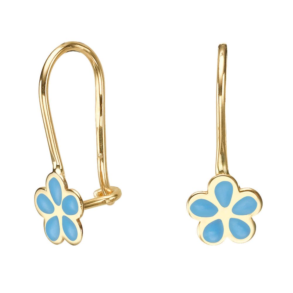 Gold Earrings | Dangle Earrings in14K Yellow Gold - Isabella Flower - Light Blue