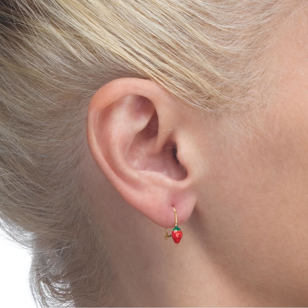 Girl's Jewelry | Dangle Earrings in14K Yellow Gold - Strawberry Berry