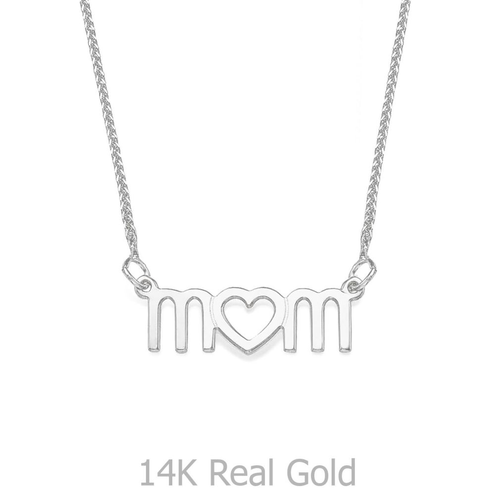 Gold Pendant | 14K White Gold MOM Necklace - Mother's Heart Necklace