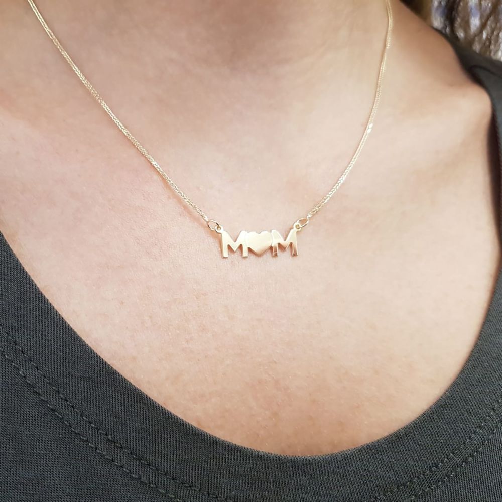 Gold Pendant | 14K Yellow Gold MOM Necklace - Mother's Full Heart Necklace