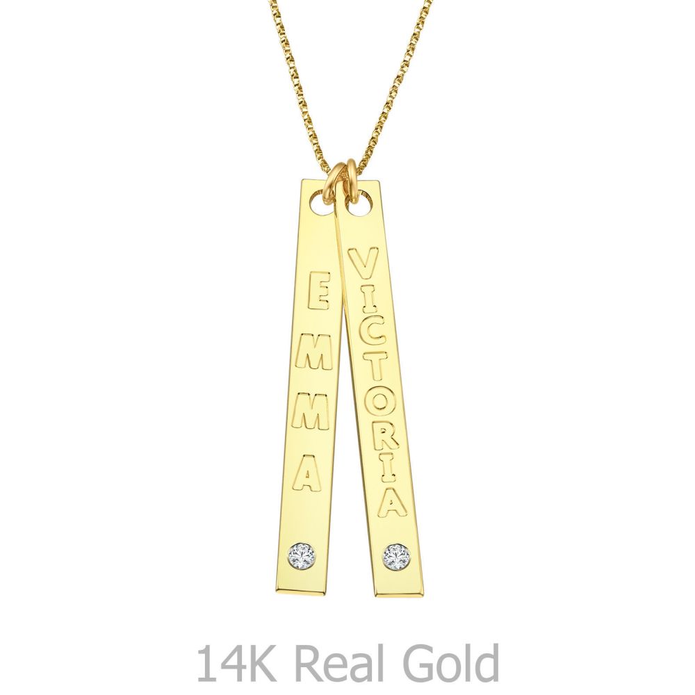 Engravable Bar Necklace with Diamond 14k Real Gold