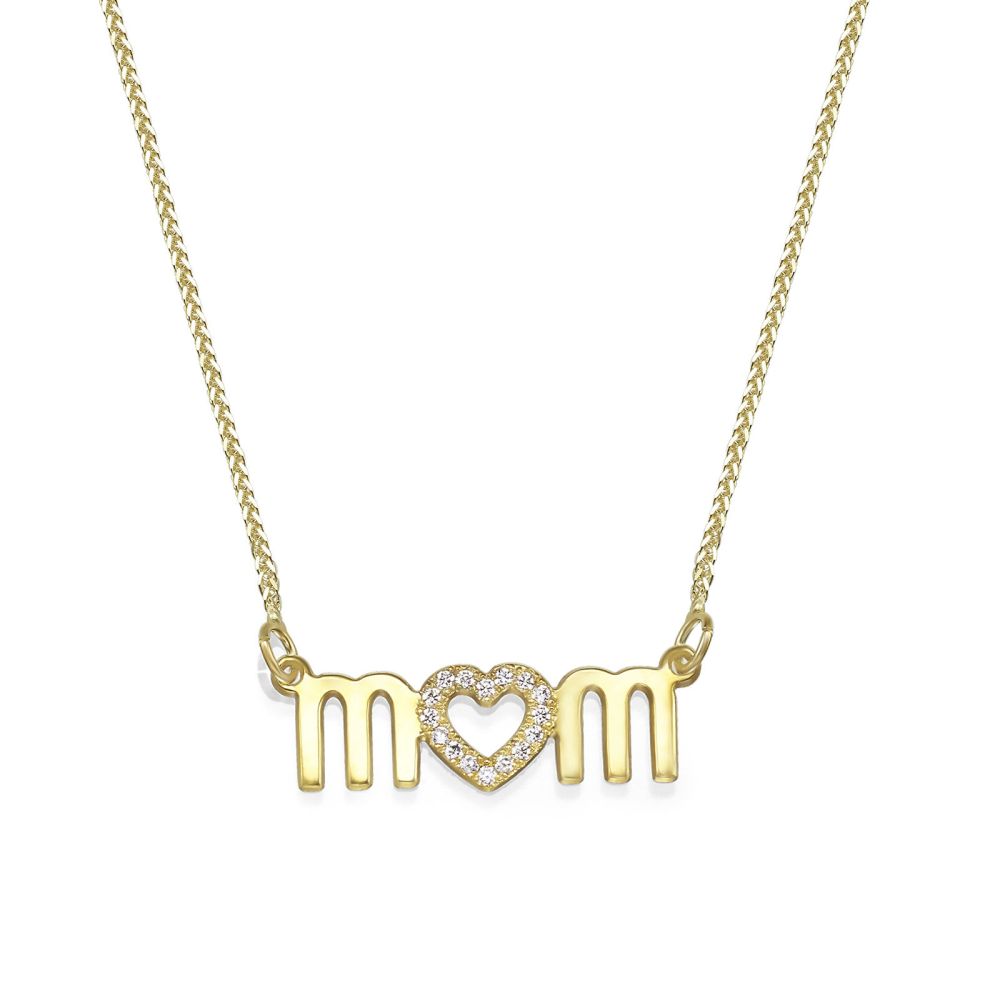 Gold Pendant | 14K Yellow Gold Diamond MOM Necklace - Mother's Heart Necklace