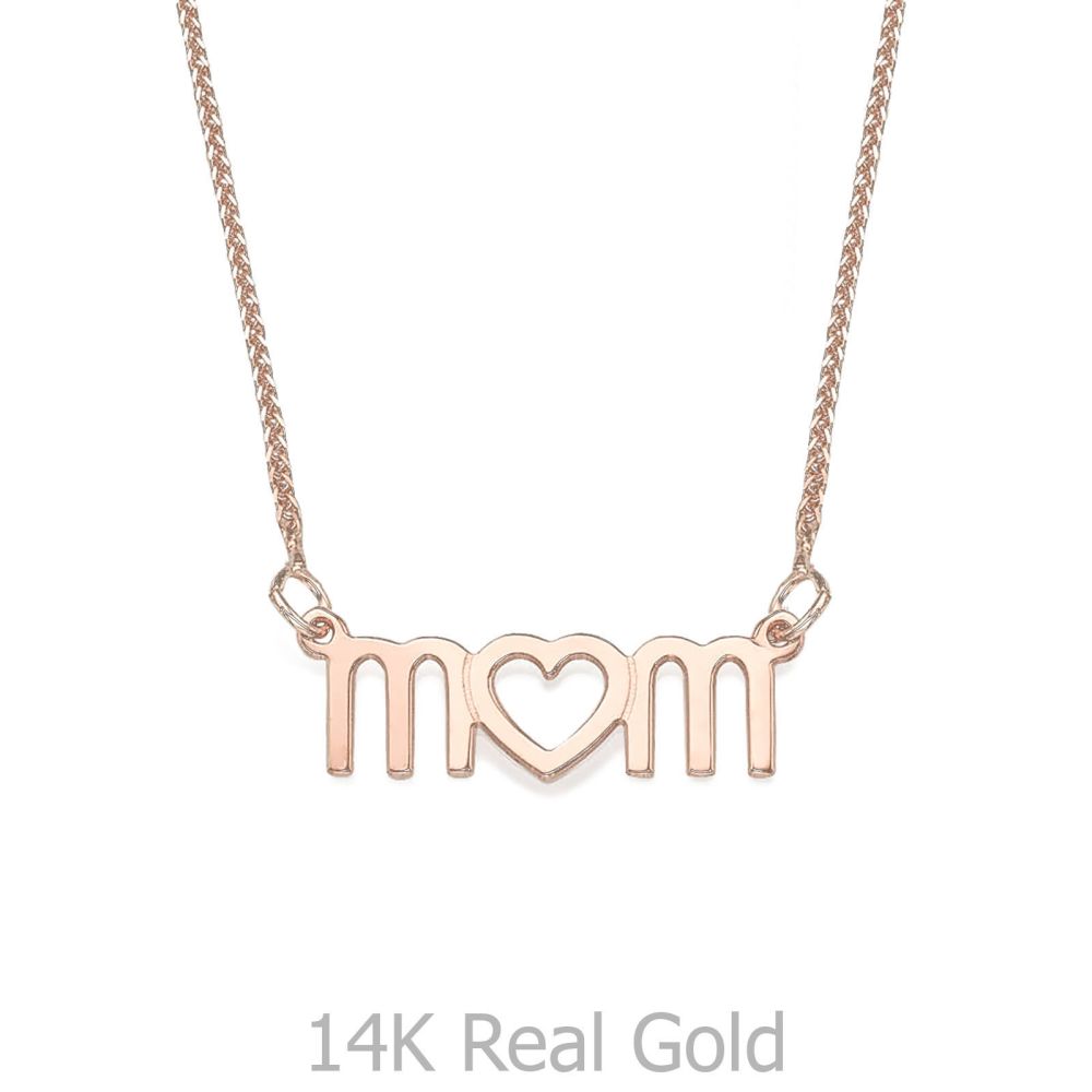 Gold Pendant | 14K Rose Gold MOM Necklace - Mother's Heart Necklace