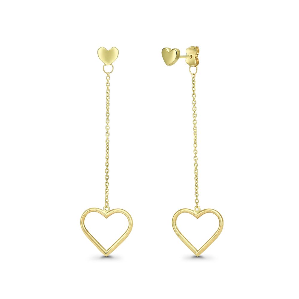 Gold Earrings | 14K Yellow Gold Earrings - Hanging Hearts