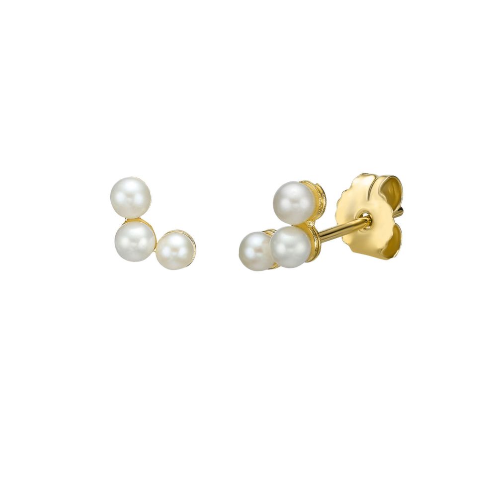 Gold Earrings | 14K Yellow Gold Stud Earring  - Pearls