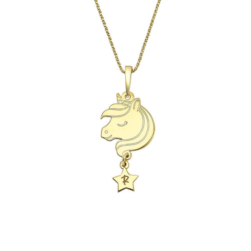 Personalized Necklaces | 14k Yellow Gold  pendant - Unicorn and star charm