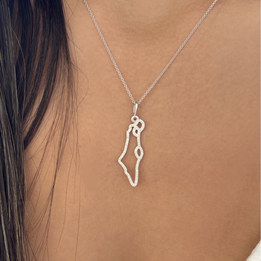 Gold Pendant | 14k White Gold  pendant - The map of Israel is embedded