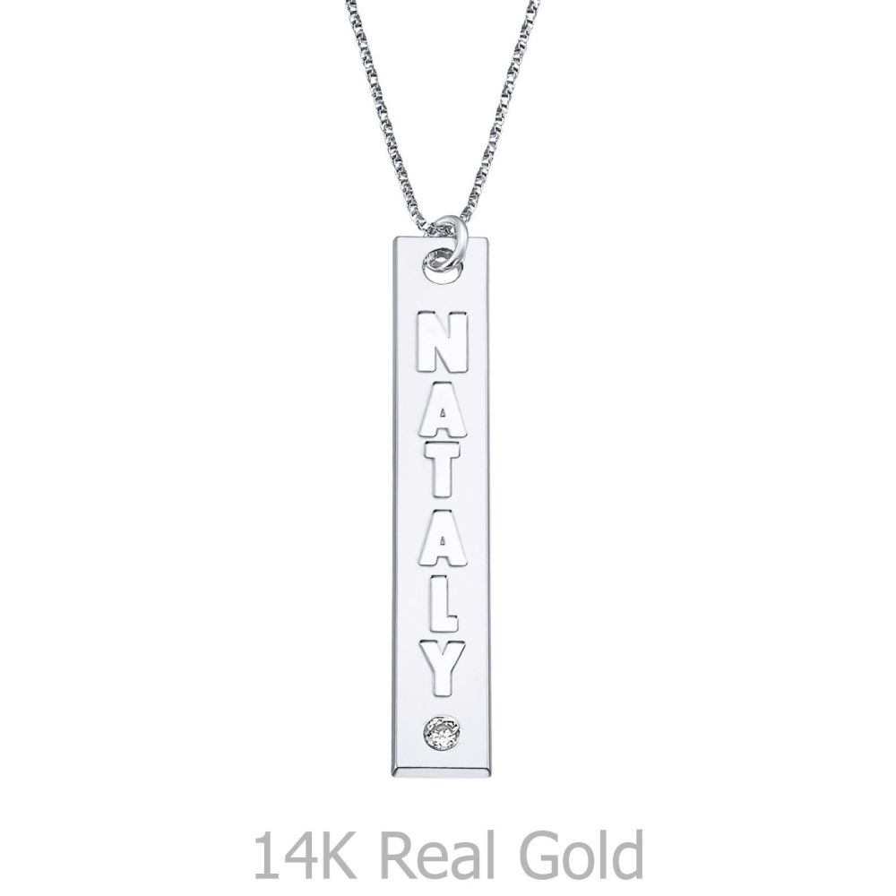 Personalized Necklaces | Vertical Bar Necklace with Name Engraving, in White Gold with a Diamond