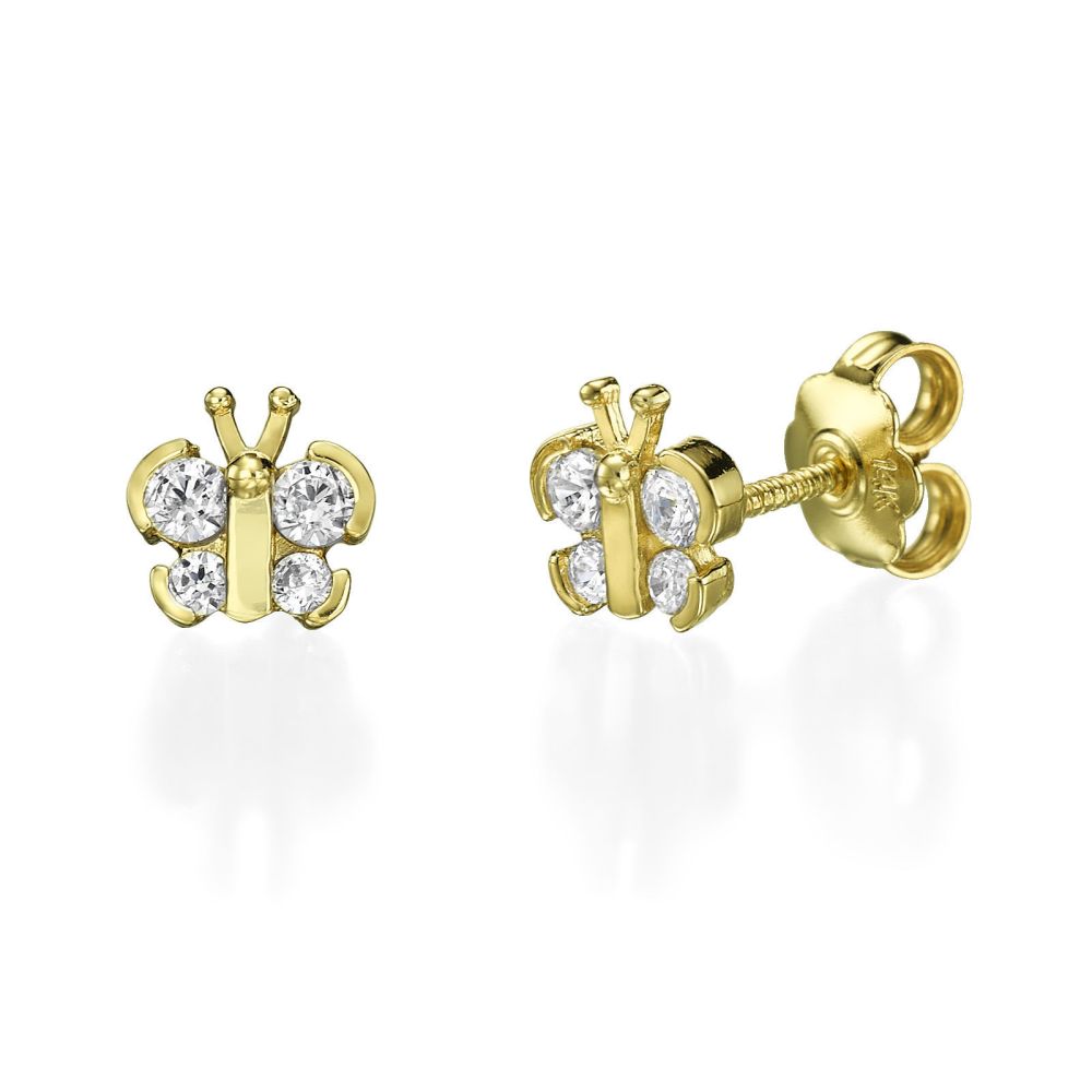 Girl's Jewelry | 14K Yellow Gold Teen's Stud Earrings - Sparkling Butterfly