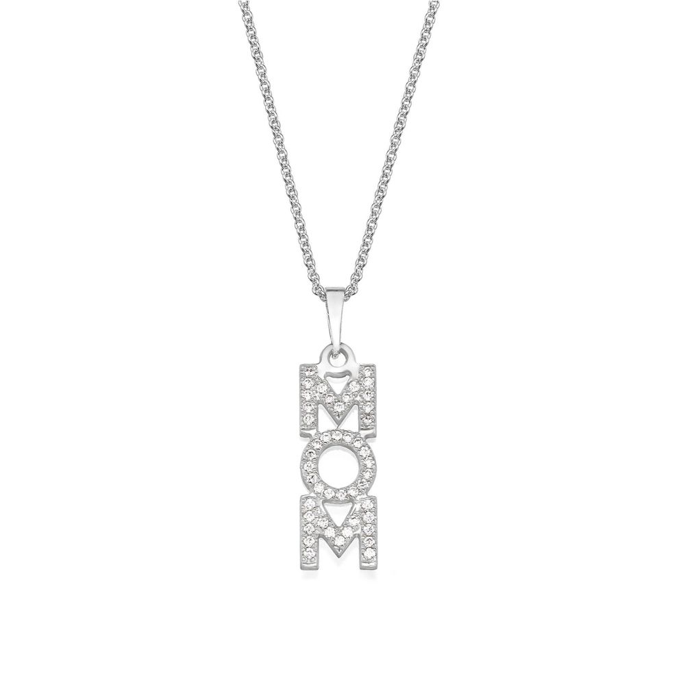 Gold Pendant | 14K White Gold Diamond MOM Necklace - MOM Vertical Necklace