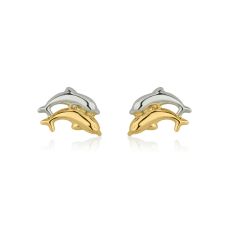 14K White & Yellow Gold Kid's Stud Earrings - Leaping Dolphin