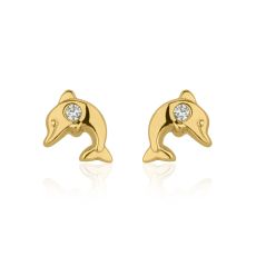 14K Yellow Gold Kid's Stud Earrings - Smiling Dolphin