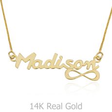14K Yellow Gold Name Necklace "Gold" English with decor "Infinity"