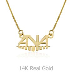 14K Yellow Gold Name Necklace "Stone" English with decor "Menorah"