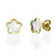 14K Yellow Gold Women's Earrings - Mother of Pearl Flower