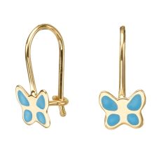 Dangle Earrings in14K Yellow Gold - Flutterby Butterfly - Light Blue