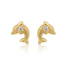 14K Yellow Gold Kid's Stud Earrings - Leaping Dolphin