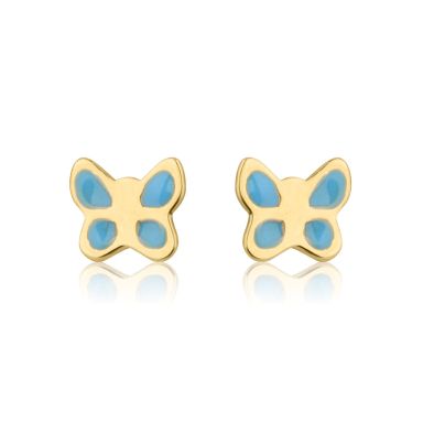 14K Yellow Gold Kid's Stud Earrings - Blue Butterfly