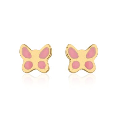 14K Yellow Gold Kid's Stud Earrings - Pink Butterfly