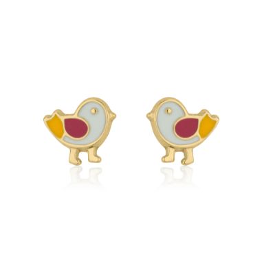 Small Baby Earrings Animal Chick Bird 14K Solid Gold Enamel Children Studs Girls 