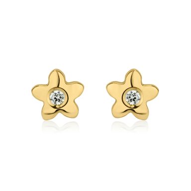 14K Yellow Gold Kid's Stud Earrings - Sparkling Flower - Yellow