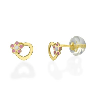14K Yellow Gold Kid's Stud Earrings - Daisy Heart - Pink