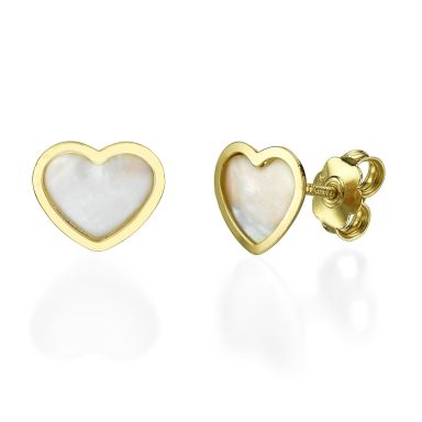 14K Yellow Gold Women's Earrings - Mother of Pearl Heart