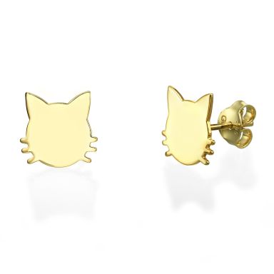 14K Yellow Gold Women's Earrings - Whiskered Cat