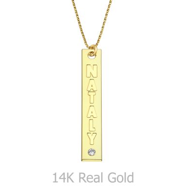 Vertical Bar Necklace with Name Engraving, in Yellow Gold with a Diamond