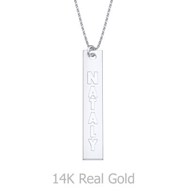 Vertical Bar Necklace with Name Engraving, in White Gold