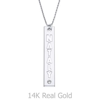 Vertical Bar Necklace with Name Engraving, in White Gold with a Diamond