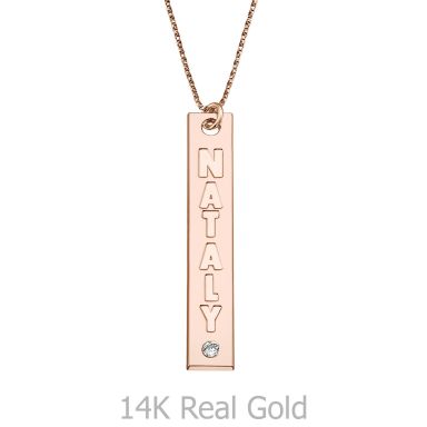 Vertical Bar Necklace with Name Engraving, in Rose Gold with a Diamond