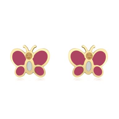 14K Yellow Gold Kid's Stud Earrings - Colorful Butterfly