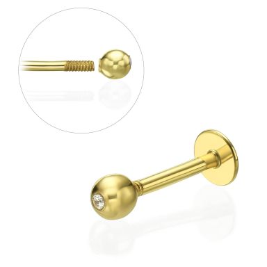 Tragus / Labret Piercing in 14K Yellow Gold with Cubic Zirconia