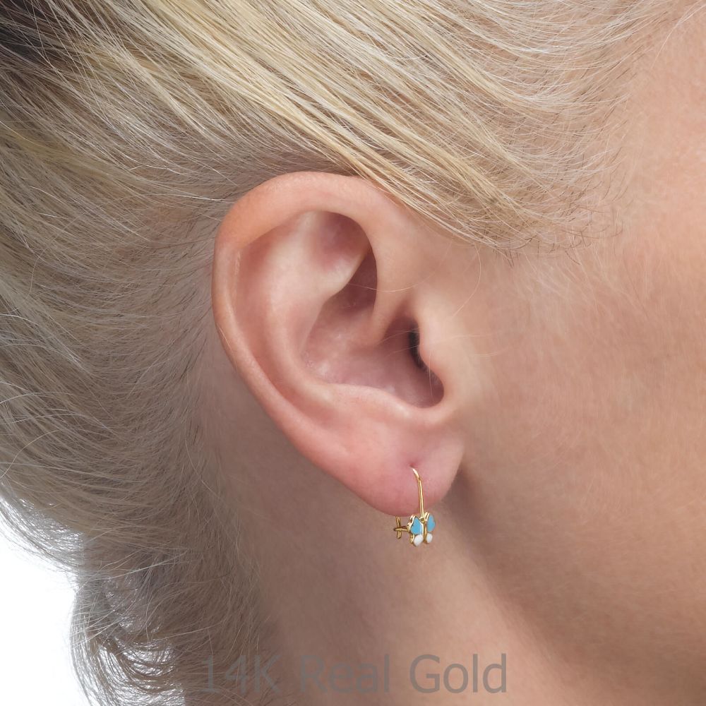 Girl's Jewelry | Dangle Earrings in14K Yellow Gold - Gila Flower - Light Blue