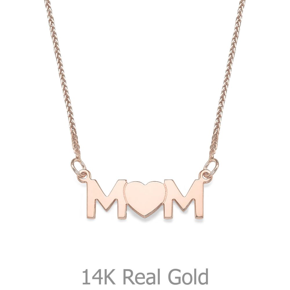 Gold Pendant | 14K Rose Gold MOM Necklace - Mother's Full Heart Necklace