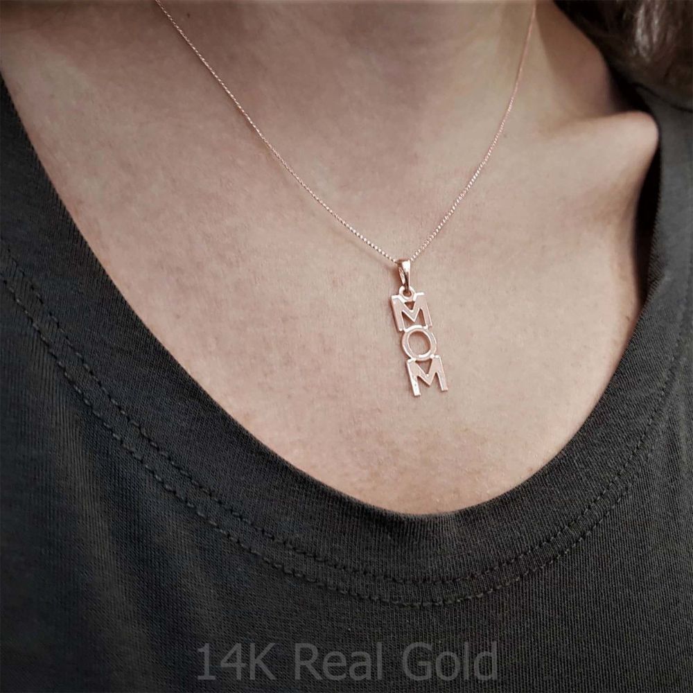 Gold Pendant | 14K Rose Gold MOM Necklace - MOM Vertical Necklace