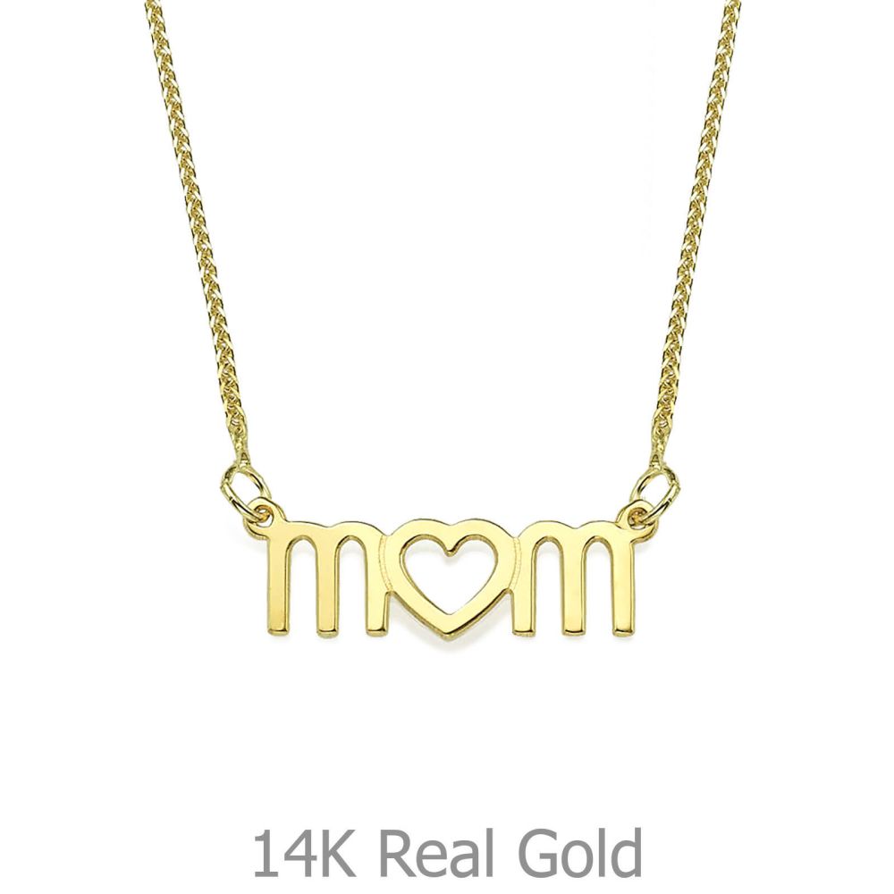 Gold Pendant | 14K Yellow Gold MOM Necklace - Mother's Heart Necklace
