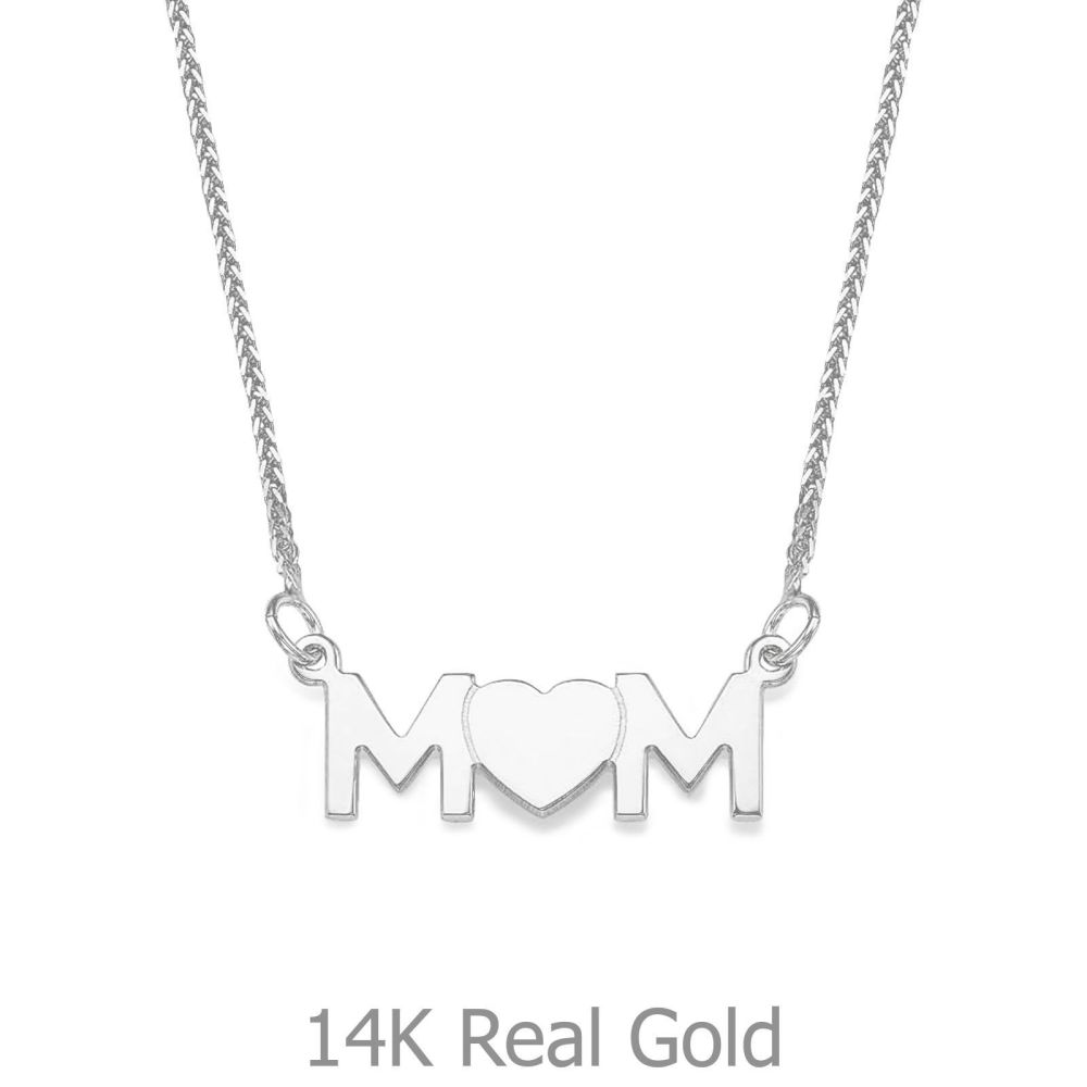 Gold Pendant | 14K White Gold MOM Necklace - Mother's Full Heart Necklace
