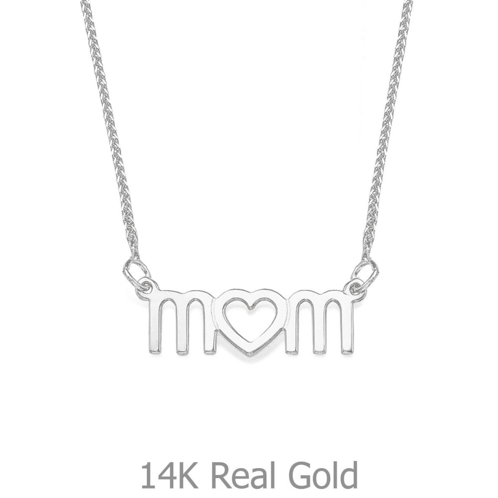 Gold Pendant | 14K White Gold MOM Necklace - Mother's Heart Necklace