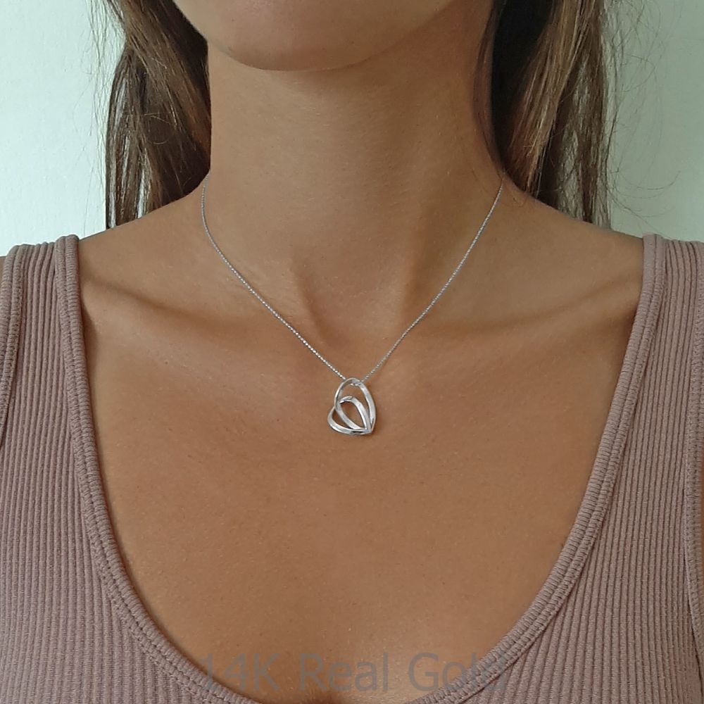 Women’s Gold Jewelry | Pendant and Necklace in 14K White Gold - Two Drop Hearts