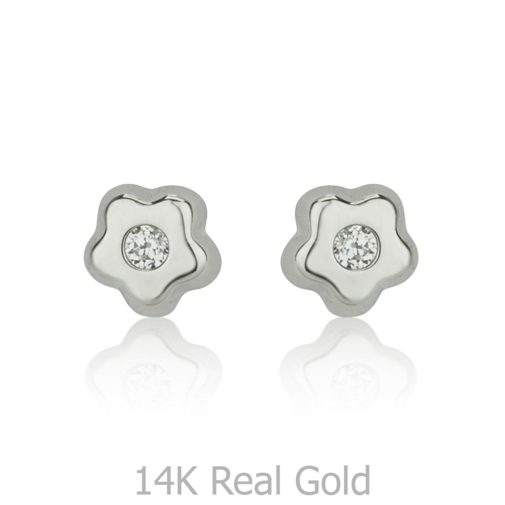 Girl's Jewelry | 14K White Gold Kid's Stud Earrings - Tiny Sparkling Flower