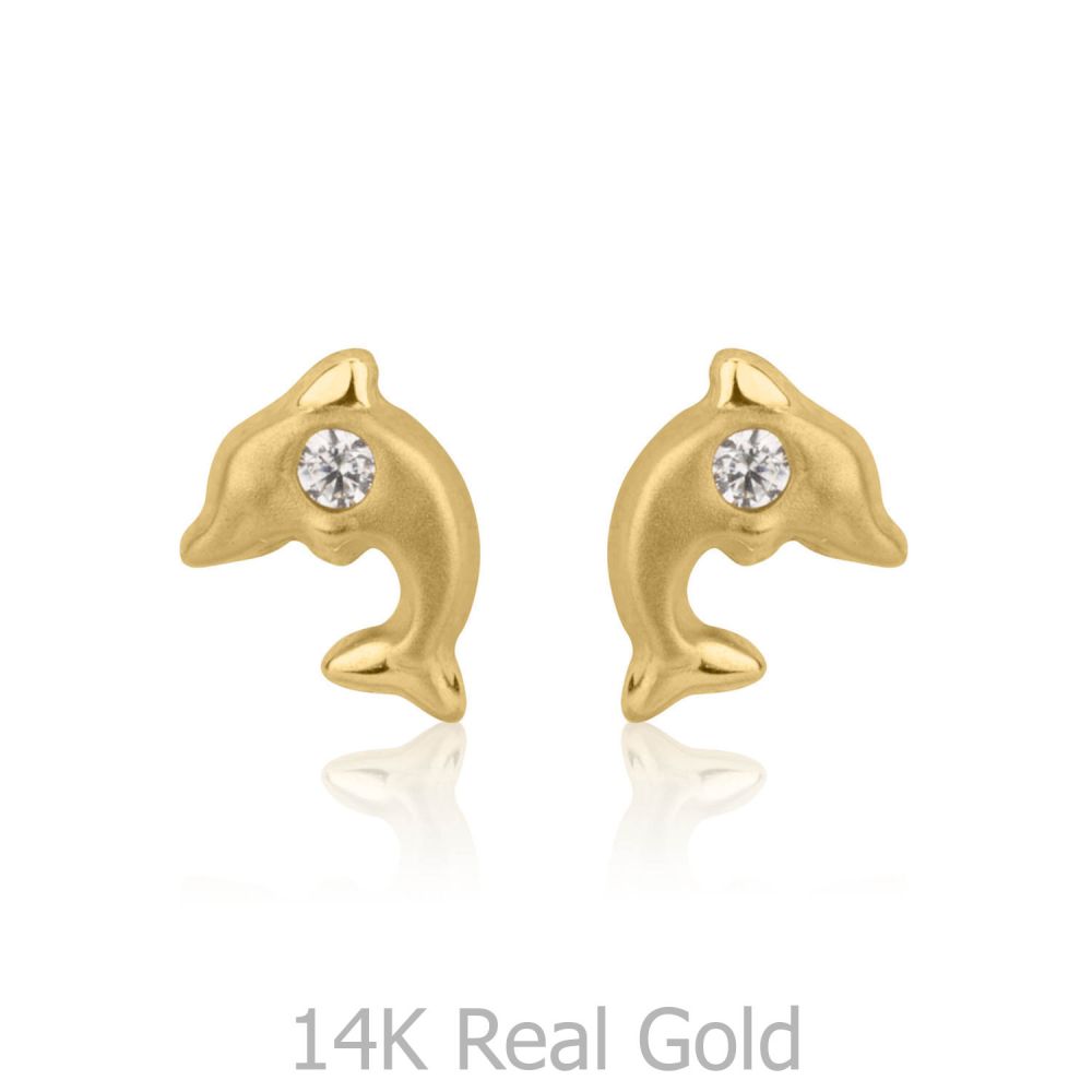 Girl's Jewelry | 14K Yellow Gold Kid's Stud Earrings - Leaping Dolphin
