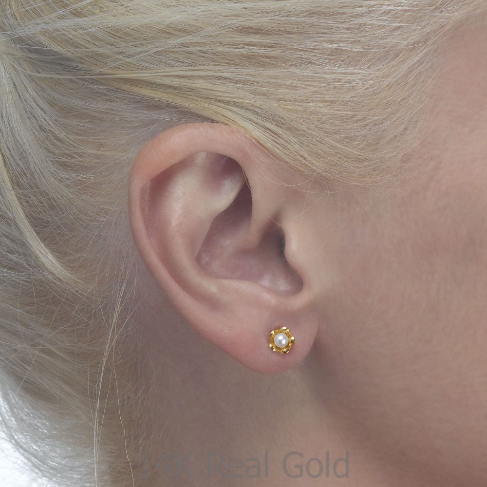 Girl's Jewelry | 14K Yellow Gold Kid's Stud Earrings - Pearl & Flower