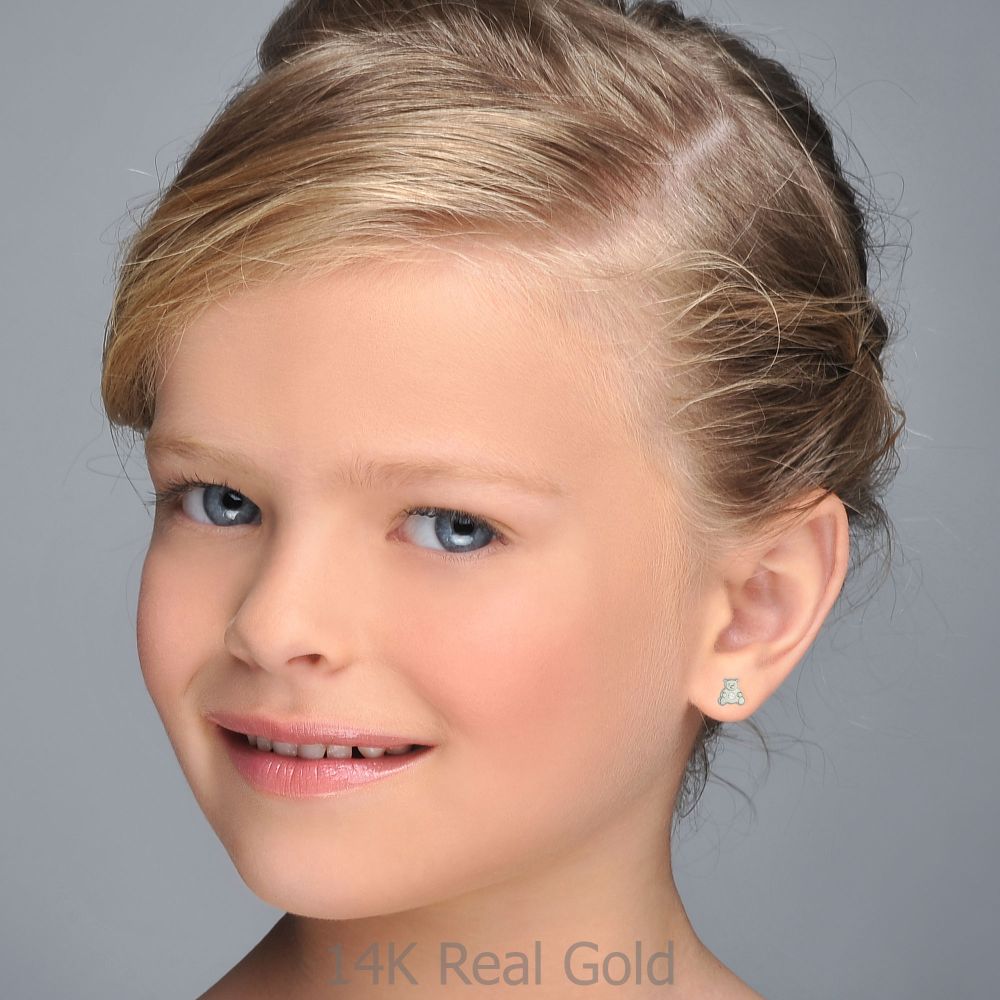 Girl's Jewelry | 14K White Gold Kid's Stud Earrings - Sparkling Teddy