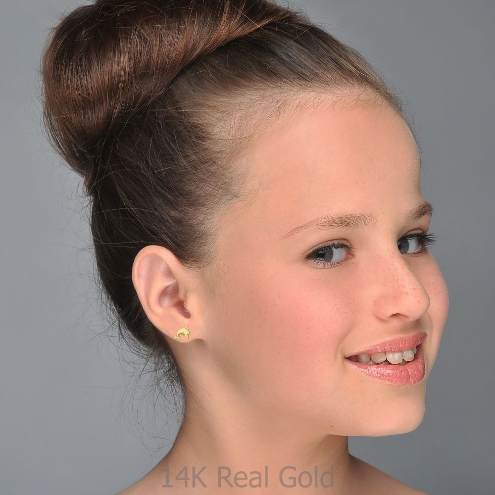 Girl's Jewelry | 14K Yellow Gold Kid's Stud Earrings - Joyous Dolphin