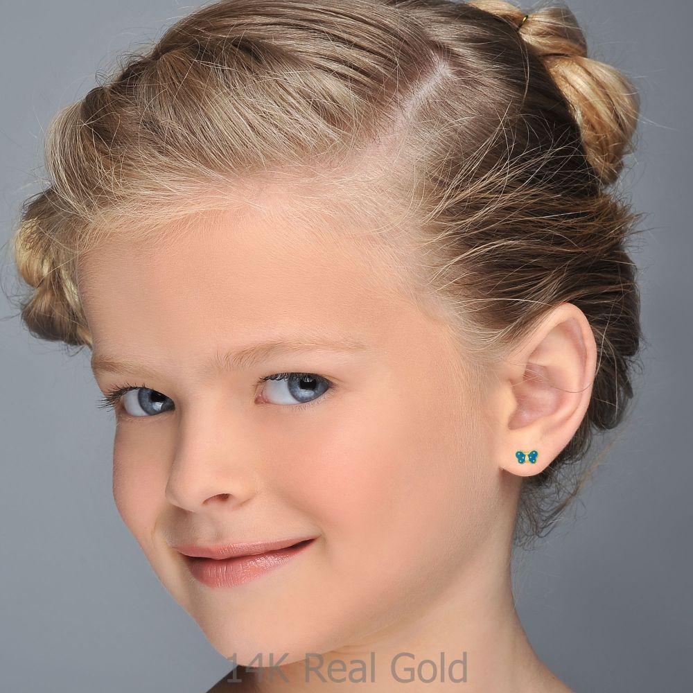 Girl's Jewelry | 14K Yellow Gold Kid's Stud Earrings - Fluttering Butterfly