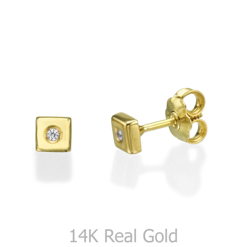 Girl's Jewelry | 14K Yellow Gold Kid's Stud Earrings - Sparkling Square