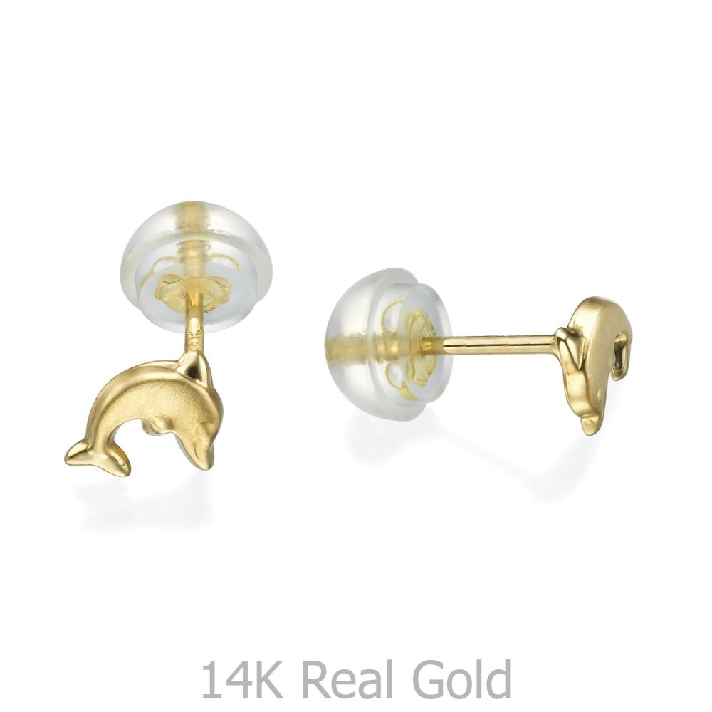 Girl's Jewelry | 14K Yellow Gold Kid's Stud Earrings - Leaping Dolphin