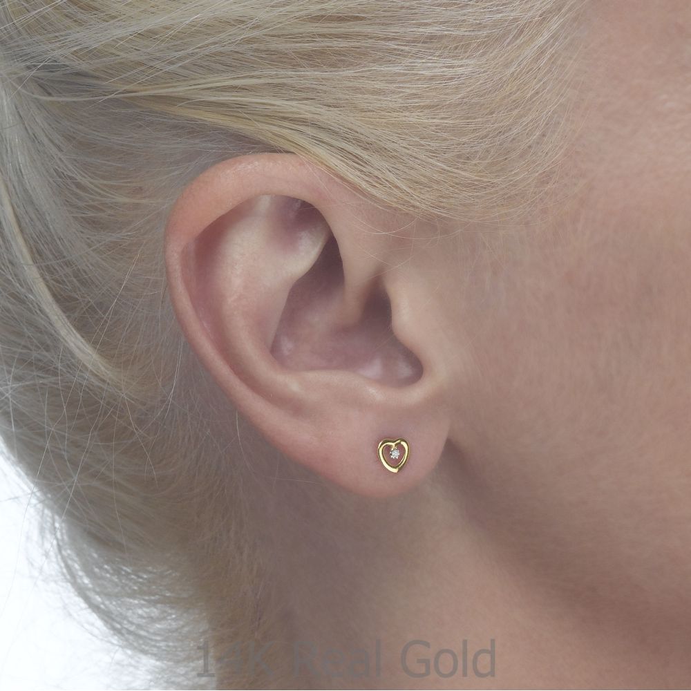 Girl's Jewelry | 14K Yellow Gold Kid's Stud Earrings - Captivated Heart